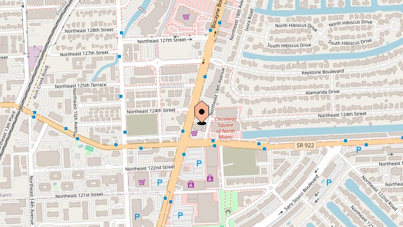 Map showing INTIMÉ Miami at 12411 Biscayne Boulevard, North Miami, with surrounding streets including NE 124th Street, Causeway Square of North Miami, and Biscayne Boulevard