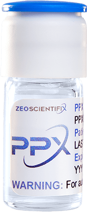 A Patient Pure X vial: a small clear glass vial with a blue cap and a ZEO ScientifiX PPX label.